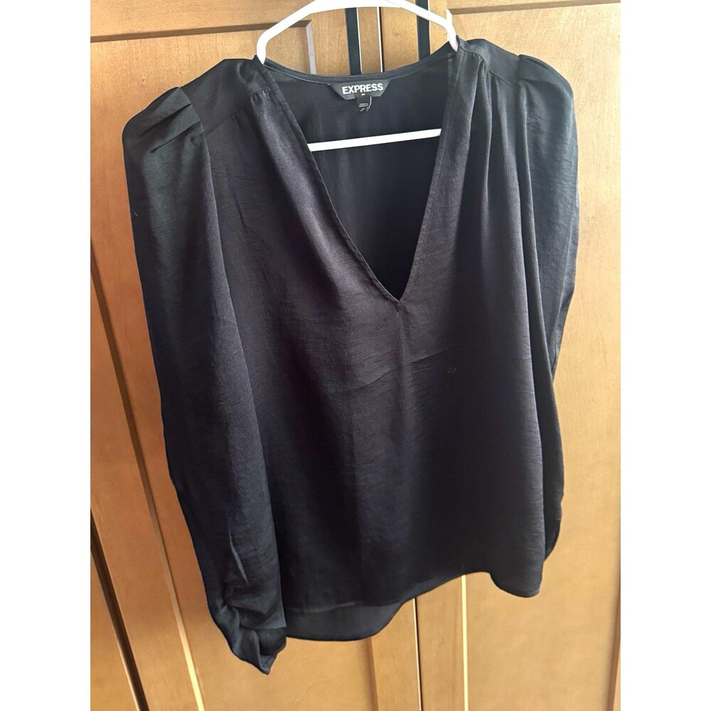 Express Women's Black Solid V-Neck Puff Long Sleeve Pullover Blouse XS Regular